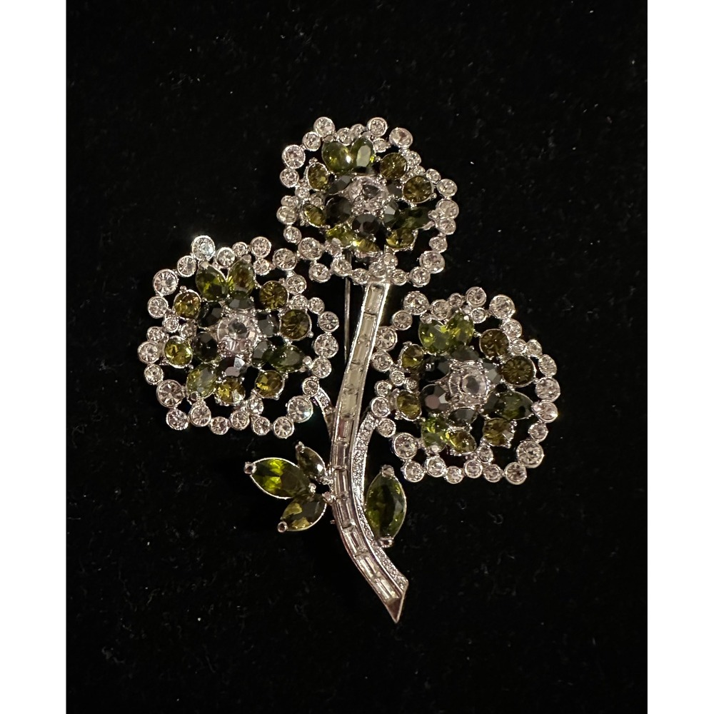 Nolan Miller‎ Glamour Collection Flower Brooch Green & Clear Crystal - Picture 2 of 6